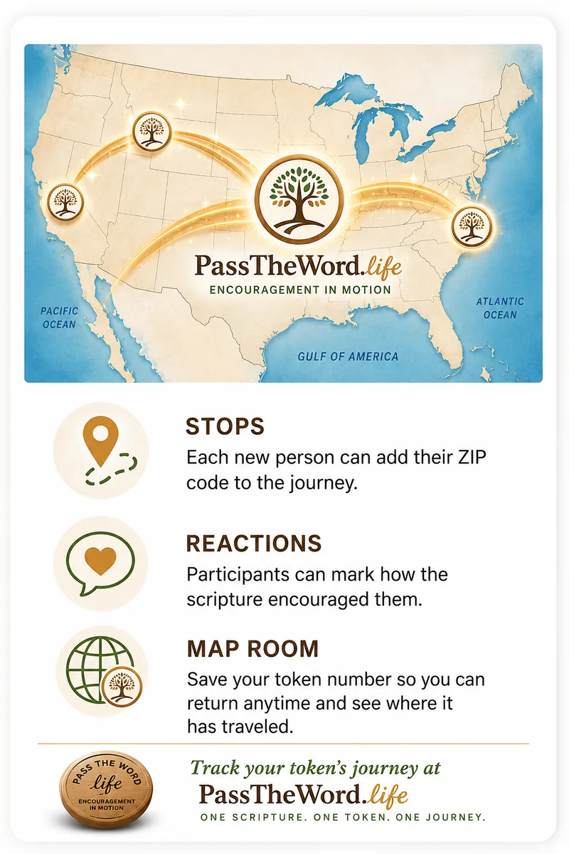 PassTheWord.life token journey map showing stops, reactions, and the Map Room